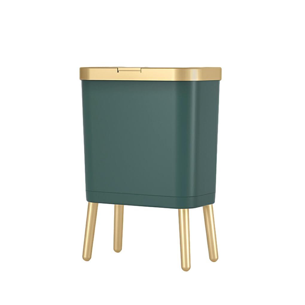DSOUWEH Slim Bedroom Garbage Bin - Multi-purpose And Space-saving Waste Basket With Lid Garbage Can With Push Button Plastic, green gold, （15L33.2 * 19.6 * 48.5cm