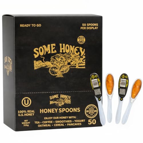 Some Honey Raw & Unfiltered Honey Spoon Stirrers – 100% Pure U.S. Honey, USDA Grade A, Kosher, All-Natural – Individually Wrapped Single-Serve Spoons for Tea, Coffee & Travel – 50 Pack