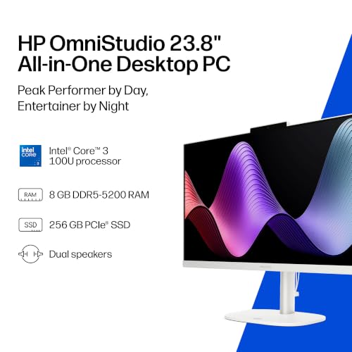 Image of HP OmniStudio 23.8 inch All-in-One Desktop PC, FHD Display, Intel Core 3 100U, 8 GB RAM, 256 GB SSD, Intel Graphics, Windows 11 Home, Cotton White, 24-cu0440 (2026)