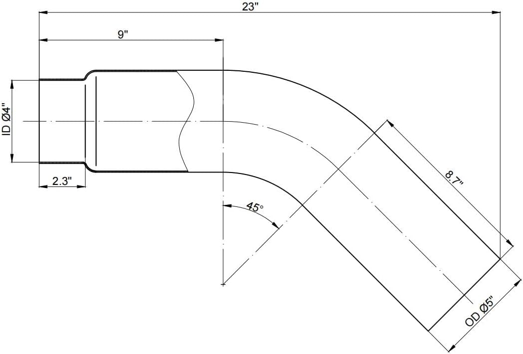 Chromed Exhaust Elbow,5" * 23", 4"ID, 45 Degree