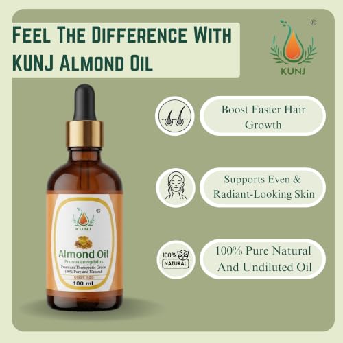 Image of KUNJ Almond Oil (Prunus Amygdalus) 100ML - 100% Pure & Natural, Cold Pressed, Undiluted Carrier Oil for Face Glow, Skin Moisturizing, Hair Nourishment, Body Care & Aromatherapy Massage