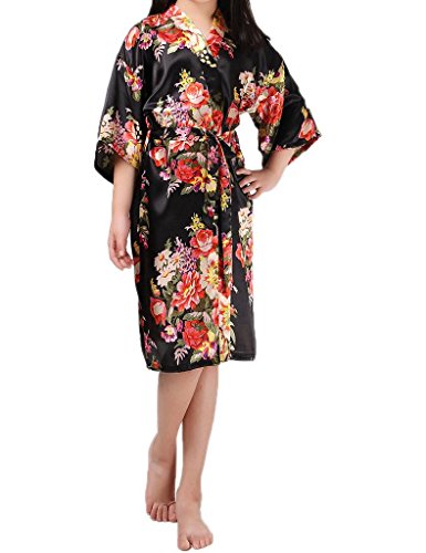 Kids Little Girls Teenagers Stain Kimono Peacock Flower Robe for Spa Wedding Birthday Bathrobe Nightgown Black 14(11-14T)