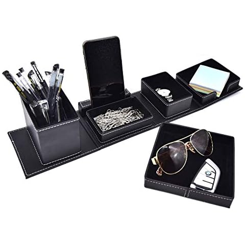 Black Leather Office Supplies, Desk Organizer Storage Boxes and Accessories for Men, Desktop Organization Storage for Business Cards/Stationery/Cards/Pens/Pencils/Mobile Phones/Small Things(Black) Cover