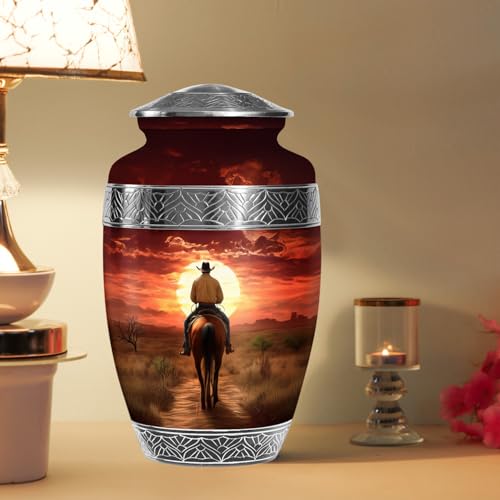 Image of Cowboy Cremation Urns for Human Ashes - Horse Urn for Ashes Adult Male Dad - Sunset Funeral Urns for Women - Large Decorative Urn for Adult Female (Size:- 10 Inch 1 Pc)