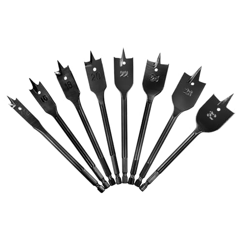 QWORK® 8 piezas brocas pala, 12-32 mm broca plana madera con vástago hexagonal de 1/4 de pulgada, broca de espada de acero al carbono con estuche portátil