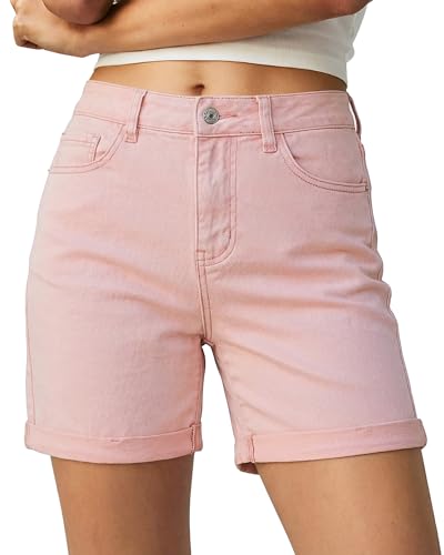 luvamia Jean Shorts for Women High Waisted Trendy Mid Thigh Long Cuffed Hem Light Pink Shorts Denim Women Jean Stretchy Denim Rolled Hem Casual Summer Jorts Candy Pink Size Medium US 8 to 10