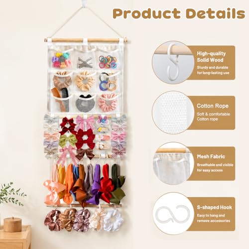 Image of HASTHIP Wooden Hair Accessories Organizer Wall Hanging Bows Hairband Hair Clip Organizer for Girls Women, Multi-Compartment Display Rack Storage with Mesh Pockets, Clip Bars and Headband Holder