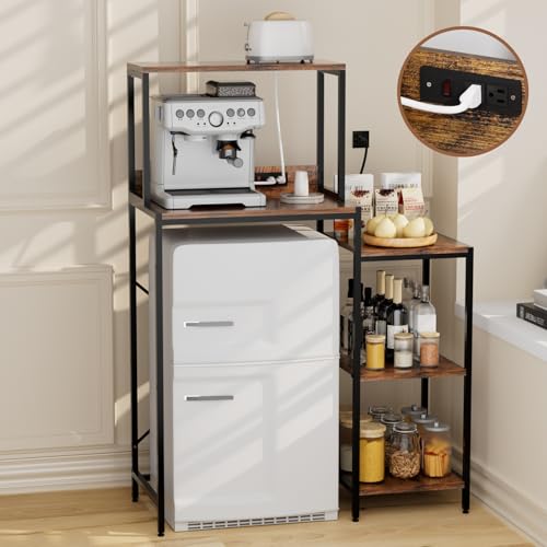 Image of QieerHior Mini Fridge and Microwave Stand Cabinet Shelf Organizer for Dorm, 5 Tiers Adjustable Over Mini Fridge Storage Bakers Rack with Power Outlet for Kitchens, Coffee Bar for Office,Brown