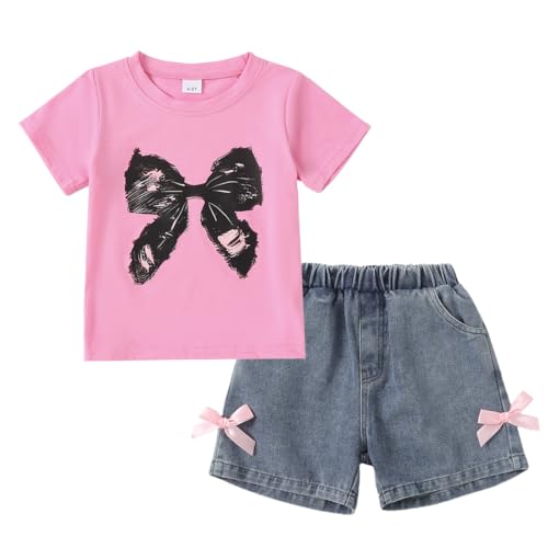 Image of Kids Toddler Girls Summer Clothes Leopard Butterfly Print T-Shirt + Belted Denim Jeans Shorts 3PCS Outfits