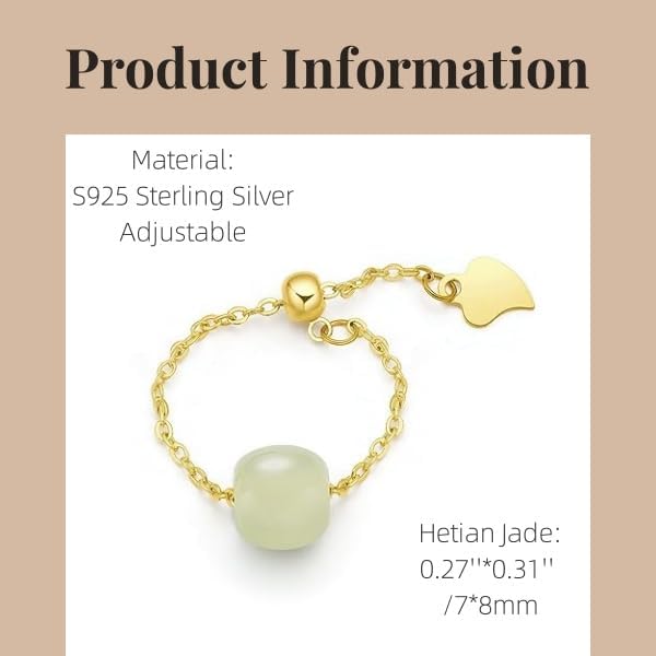 Natural Hetian Jade Ring, Adjustable Band Beads Charm Ring Jewelry, Green Jade Rings for Women, Handmade Ring Gift for Women, Great Gift Idea (925 Sterling Silver with 14K Gold Plated) - Image 3