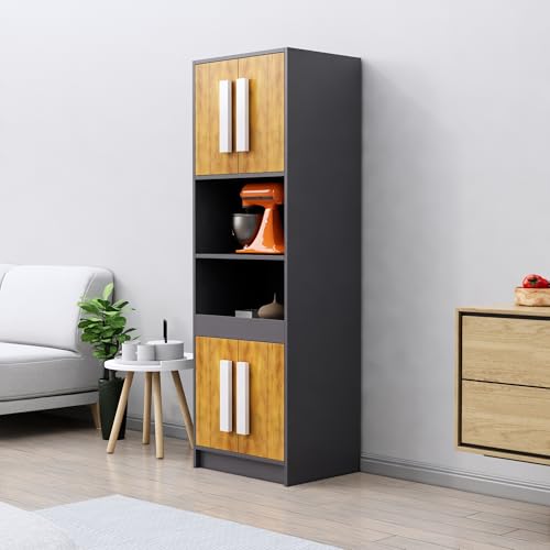 Image of Bniture Multipurpose Crockery Cabinet | Engineered Wood Kitchen Cabinet Modern with 4 Doors & Shelves | Crockery Unit for Dining Area | Kitchen Crockery Cabinet for Home | Slate Grey & Giant Wood