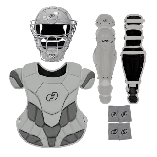FORCE3 Intermediate Defender Full Catchers Set - Meets NOCSAE - Ages 12-16 (Gray Small Helmet)