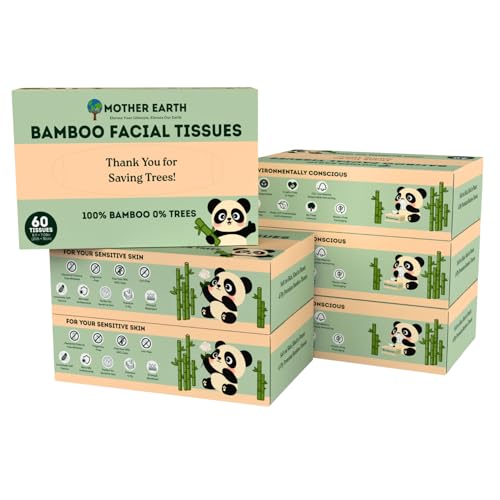 MOTHER EARTH Bamboo Facial Tissue Paper - 4 Ply Tissue Flat Box, Lint-Free, Hypoallergenic, Septic-Safe, Unscented, 60 Sheets per Box, 6 Pack, Total 360 Tissues