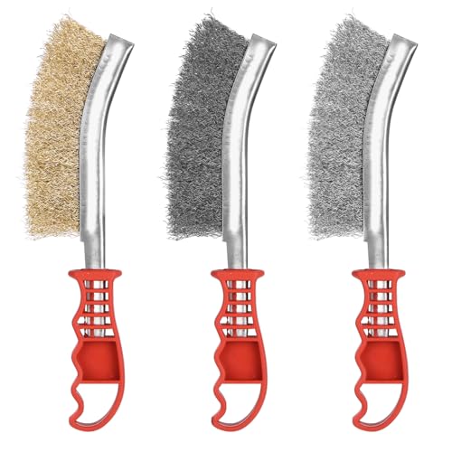 3 Piezas Cepillo de Alambre Set, Cepillo Alambre Incluye Cepillos de Acero Inoxidable, Latón, Nylon y Acero al Carbono, Cepillo Metalico Para Limpieza Madera, Escoria de Soldadura, Grasa,Óxido y Polvo