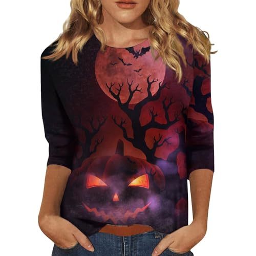 Halloween Shirts for Women 3/4 Sleeve Plus Size Crewneck Loose Fit Cute T Shirt Halloween Costumes for Women 2025