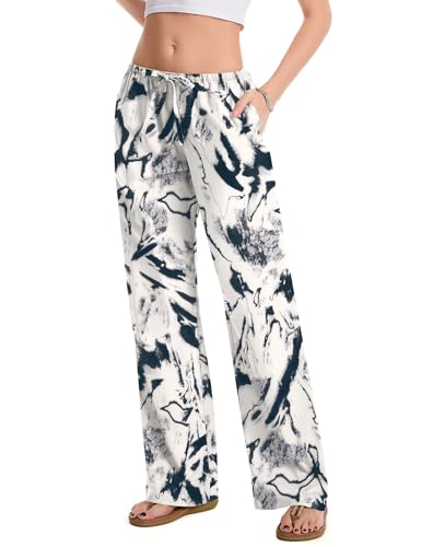 AKEWEI Women Casual Summer Palazzo Pants Drawstring Waist Wide Leg Lightweight Beach Trousers with Pockets2