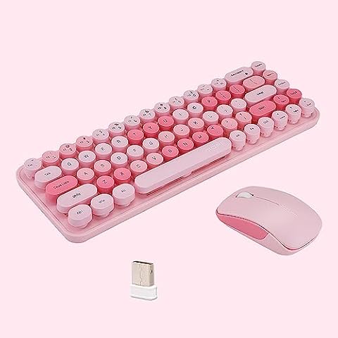 Compact Wireless Keyboard and Mouse Combo, Colorful Round Keycap, Soundless 68 Keys, Suitable for Girls and Kids, Compatible with Notebook, PC (Pink) Cover