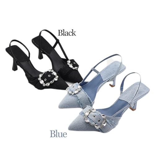 Women's Rhinestone Denim Cloth Kitten Heels Pumps Fashion Closed Pointed Toe Slip-On Slingback Low Heel Dress Sandals for Wedding Party Evening 7