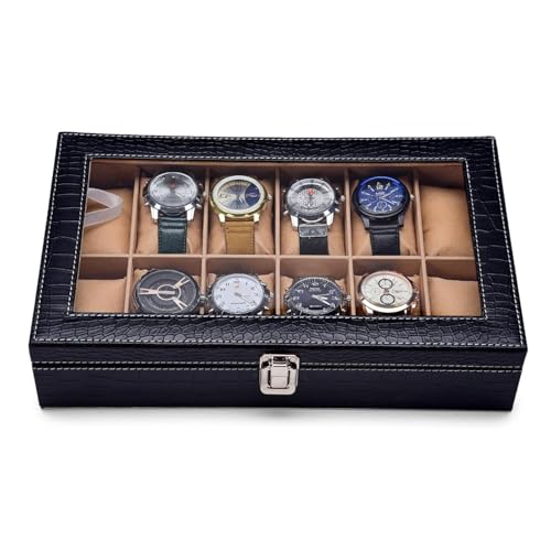 Image of Premium 12-Slot Watch Collection Box | Black Leatherette Watch Organizer with Glass Display Lid, Maroon Velvet Interior, Magnetic Closure & Removable Cushions
