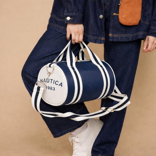 Image of Nautica Unisex 6.5L PU Mini Barrel Duffel Bag | Faux /Vegan Leather | Lightweight & Durable Silver-Tone Hardware with Stash Pocket | Weekend Travel & Gym Carry-On with Detachable Strap | Navy Blue