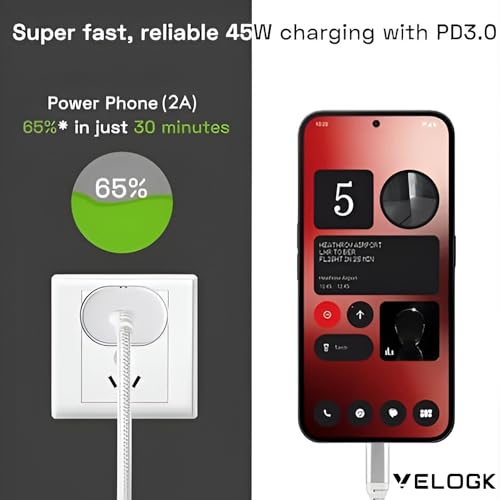 Image of 45W Super Fast Charger Adapter Campatible for 1 /Nothing 2A /2a Plus /2 /Buds, CMF 33w Power Charger Adapter for Mobile, 45 W Type C Charging Adaptor, White