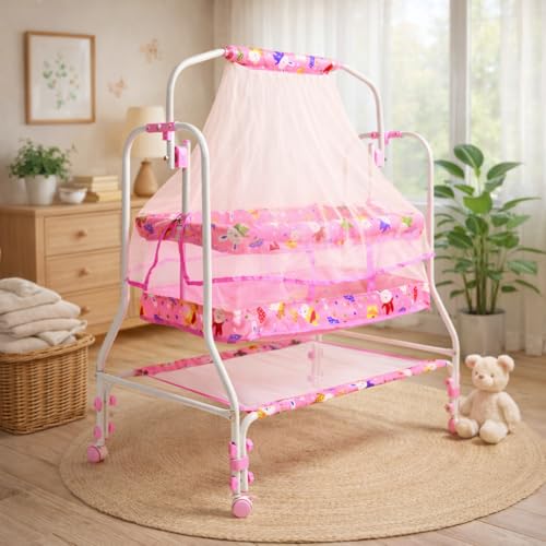 Image of BUBBLEBABY Baby Cradle | Jhula | Baggi | Palna | Ghodiyu | Ventilated | with Swing & Mosquito Net | 0-12 Months | Four Wheels with Brake | Storage | Polypropylene | Safe & Sturdy | Foldable | Pink