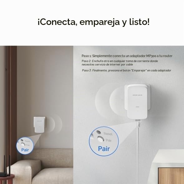 MERCUSYS MP310 Kit - AV600 Kit Powerline WiFi, Adaptador PLC con WiFi N300, hasta 600 Mbps HomePlug AV2, Cobertura hasta 300 m, 2 Puertos Fast Ethernet, Plug & Play, Compatible con Todos los Routers