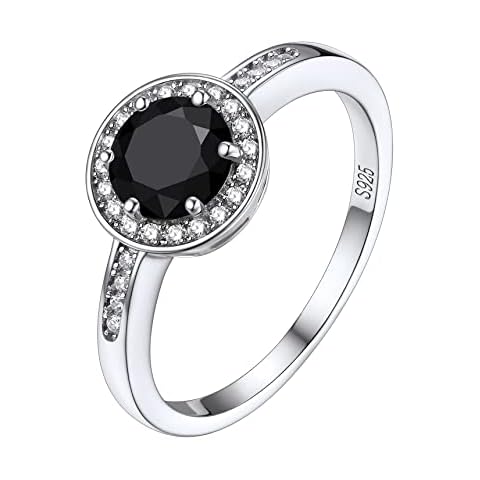 Bestyle Sterling Silver Cubic Zirconia Band Ring for Women Full CZ 1 Carat Round Cut Black Solitaire Diamond Ring for Love Statement Anniversary Engagement Wedding, Dianty Classic Halo Ring, Size 7 Cover