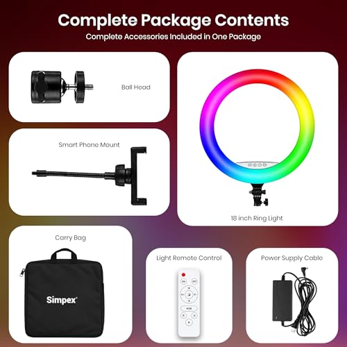 Image of Simpex 18 Inch RGB LED Ring Light Compatible with Smartphones & Cameras | 25 RGB Modes | Adjustable Brightness | Remote Control for YouTube, Makeup, Photography, Live Streaming & Video Shoot