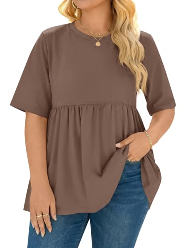 Beautife Womens Plus Size Summer Babydoll Tops Short Sleeve Crew Neck T Shirts Peplum Casual Loose Fit Blouse Brown