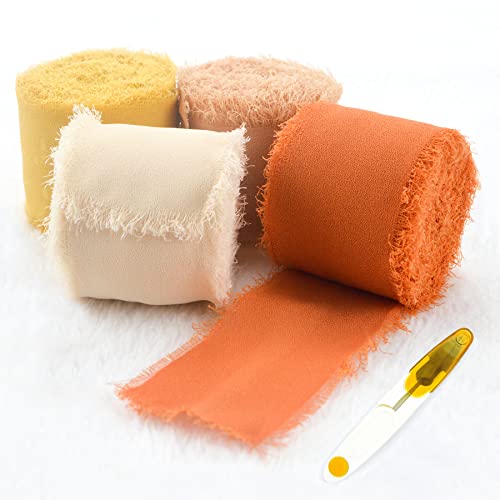 Aufisi 4 Rollen handgefertigtes Fransen-Chiffon-Seidenband 3,8 cm x 2,8 m ausgefranste Kanten Bänder Set für Hochzeitseinladungen, Brautsträuße, Geschenkverpackungen, Basteln, Schleifenknoten Cover