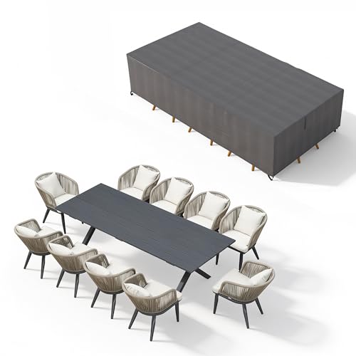 Image of PURPLE LEAF 11 Pieces Patio Dining Set with Waterproof Furniture Cover Rectangular Table and Chairs Set for Garden Deck Aluminum Frame Backyard Kitchen Set, Cushions and Pillows Included Taupe