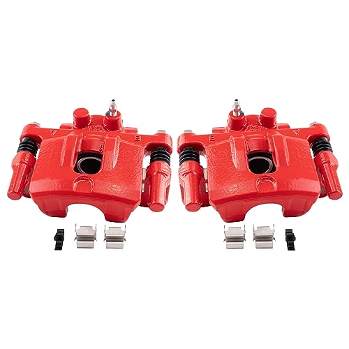 Image of TRQ Rear Brake Caliper Set Painted Red Brackets Compatible with 2011-2014 Chrysler 200 2007-2010 Sebring 2008-2014 Dodge Avenger 2007-2017 Jeep Compass Patriot 2008-2011 Mitsubishi Lancer
