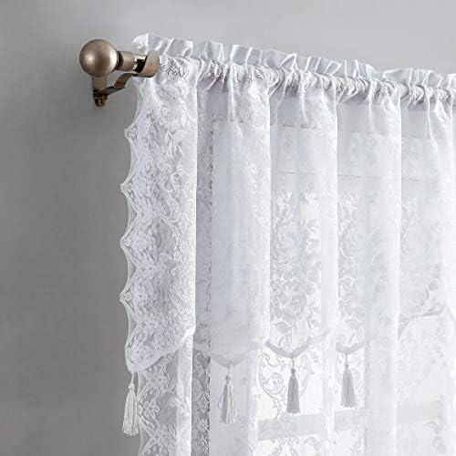 Warm Home Designs Pair of 2 White Color Long Length 54” (W) x 96” (L) Semi Sheer Lace Curtain Panels & Attached Matching Valances with 6 Tassels. Classic Elegant English Rose Pattern. L White 96”