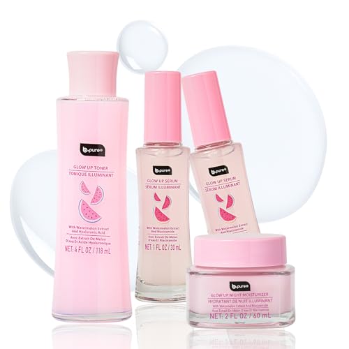 b.pure Glow Up Renewing Skin Care Gift Set - 1 Toner, 2 Renewing Serums, 1 Moisturizer - Hyaluronic Acid, Niacinamide, and Watermelon Extract Kit
