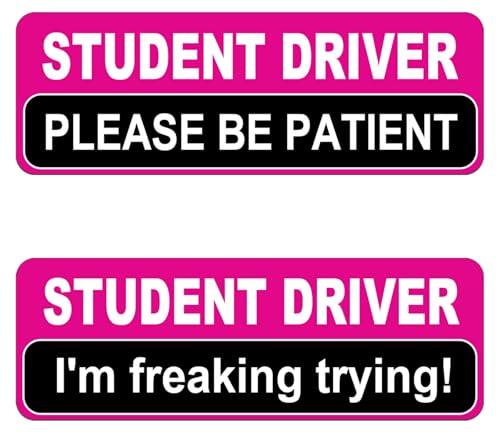 Image of NIMONA Student Driver Magnet for Car - Funny 2 Pack Please Be Patient Removable Magnetic Bumper Sticker Set - Reflective New Driver Safety Sign - Weather-Resistant - 10 x 4 inch (Pink)