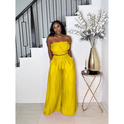 Image of Two Piece Sets for Women Summer Outfits Crop Tops and Wide Leg Pants Sets Sexy Jumpsuits Vacation Outfits with Pockets