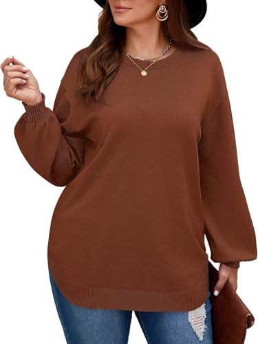 Image of Women's Plus Size Sweaters Crewneck Knit Side Slit Pullover Tops Fall Outfits (3X, Caramel)