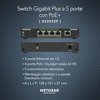 NETGEAR GS305EP Switch PoE 4 porte, Gigabit Ethernet LAN Switch PoE+ 63W Plus, (5 porte Plug and Play, Switch di rete gestito PoE, IGMP Snooping, VLAN, alloggiamento in metallo senza ventola)