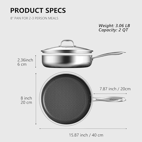 Image of imarku 8-Inch Non Stick Frying Pan with Lid, 2-Quart Skillet for Omelette | Stainless Steel Saute Pan with Ceramic Coating, Oven & Dishwasher Safe, Induction Compatible Cookware, PFOA Free