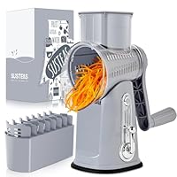 SUSTEAS Rotary Cheese Grater with Handle - Vegetable Shredder with 5 Well-designed Blades & Strong Suction Base,Round Mandoline Slicer & Food Chopper for Kitchen,with Blade Storage Box(Gray)