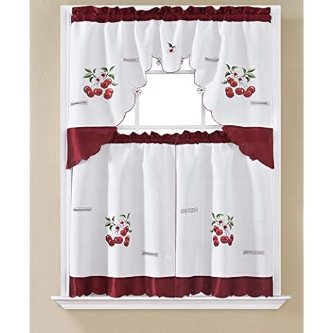 Gentle Home 3pc Kitchen Curtain and Valance Set/1 Swag Valance and 2 Tiers,2 Tiers Width 30"x 36" Each and The Valance Length 60"x36" (Cherry Wine) Cover