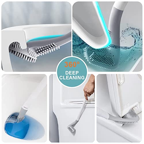 Image of Toilet Brush, Long Handle Golf Toilet Brush with Holder 360 Deep Cleaning Flexible Silicone Toilet Cleaner Brush Wall Mounted for Bathroom (Blue)