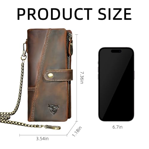 Image of Genuine Crazy Horse Leather Travel Gift Coin Pocket Card Case Long Organizer Chain Rfid Wallet Purse With Snap For Men Male 1803 1815 (1803 Brown)