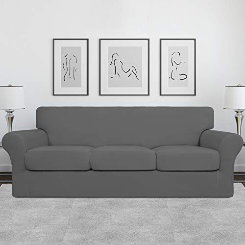 Image of Easy-Going 4 Pieces Stretch Soft Couch Cover for Dogs - Washable Sofa Slipcover for 3 Separate Cushion Couch - Elastic Furniture Protector for Pets, Kids (Sofa, Grey, Large) | Sofa Slipcover for Stretch 3 Separate Sectional Cushion Couch - Furniture Protector for Pets, Kids Grey