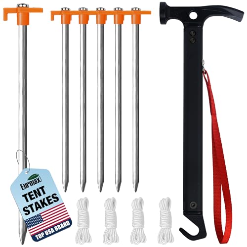 Image of Eurmax USA Hiking Camping Tent Stakes and Hammer Set Lightweight Multi-Function Tent Hammer with Tent Stake Remover,Tent Pegs for Camping, Hiking, Backpacking, Gardening(Orange Stopper Stakes)
