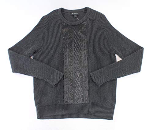 INC Mens Faux Leather Crew Neck Pullover Sweater Gray M