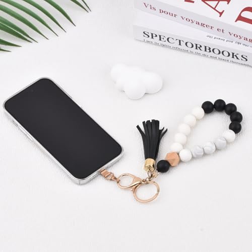 Image of BAOSIWA Silicone Key Ring Bracelet Wristlet Keychain Unique Beaded Bangle Key Chains for Women with Leather Tassel