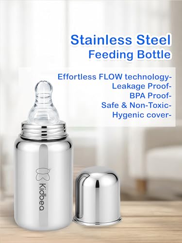 Image of Kidbea Stainless Steel Feeding Bottle 150ml for Babies | BPA Free, Food Grade, Leakproof | Anti-Colic Nipple | Safe & Durable Baby Milk Feeder (Pack of 2)