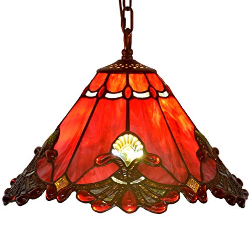 Bieye L10719 Baroque Tiffany Style Stained Glass Ceiling Pendant Light Fixture with 13 Inch Wide Handmade Shade (Red)